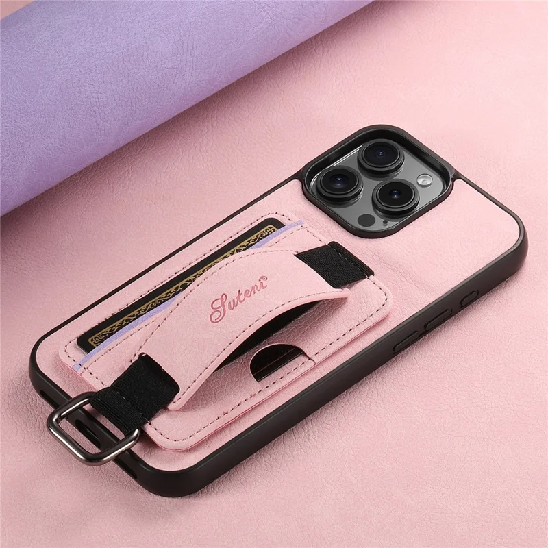Suteni H13 Para Iphone 16 Pro Max Case Litchi Texture Leather+TPU+PC Cubierta Con Soporte de Tarjetas Kickstand - Rosa