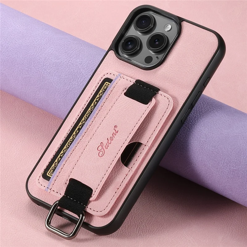 Suteni H13 Para Iphone 16 Pro Max Case Litchi Texture Leather+TPU+PC Cubierta Con Soporte de Tarjetas Kickstand - Rosa