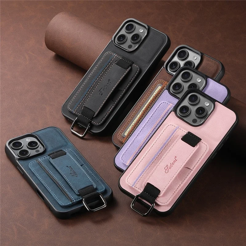 Suteni H13 Para Iphone 16 Pro Max Case Litchi Texture Leather+TPU+PC Cubierta Con Soporte de Tarjetas Kickstand - Rosa