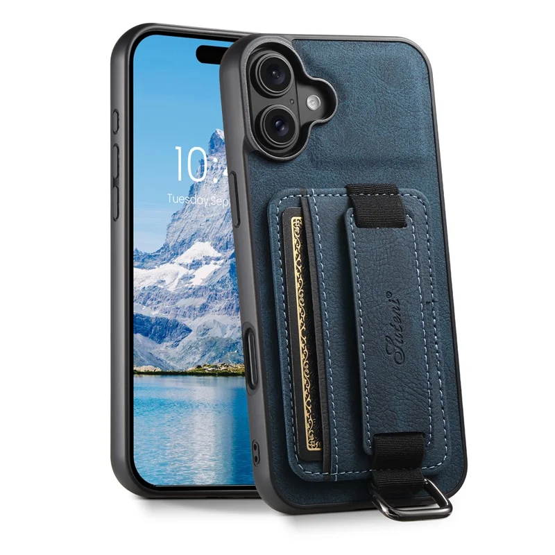 SUTENI H13 For iPhone 16 Case Litchi Texture Leather+TPU+PC Cover with Card Holder Kickstand - Blue