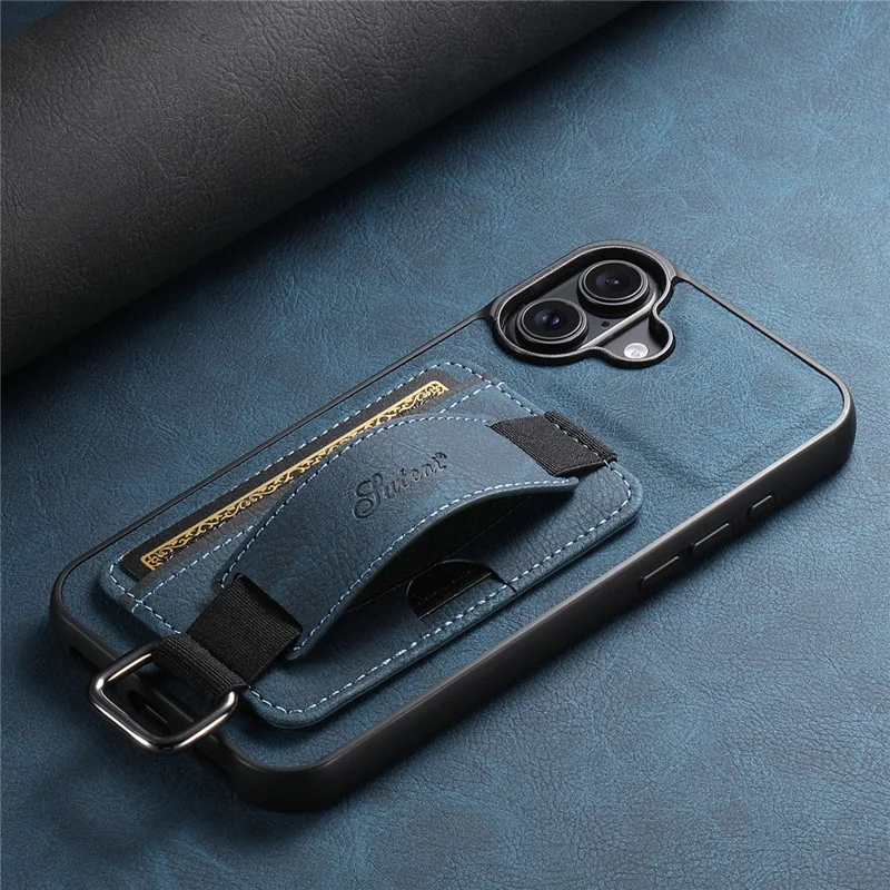 SUTENI H13 For iPhone 16 Case Litchi Texture Leather+TPU+PC Cover with Card Holder Kickstand - Blue