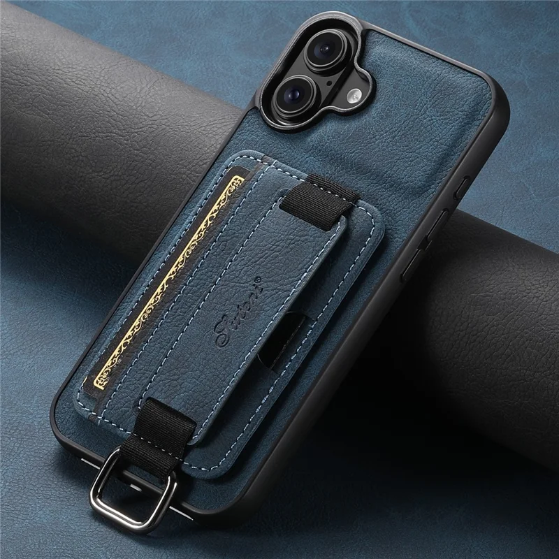 SUTENI H13 For iPhone 16 Case Litchi Texture Leather+TPU+PC Cover with Card Holder Kickstand - Blue