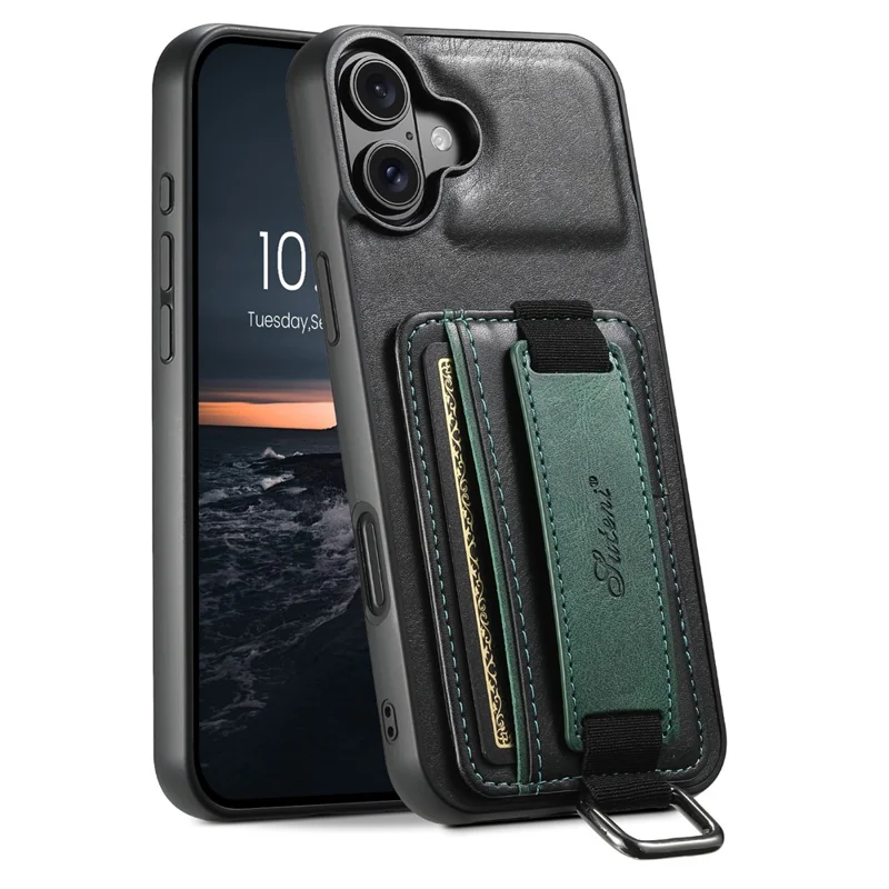 SUTENI H13 For iPhone 16 Plus Case Card Holder Wristband Waxy Texture Leather+TPU+PC Cover - Black