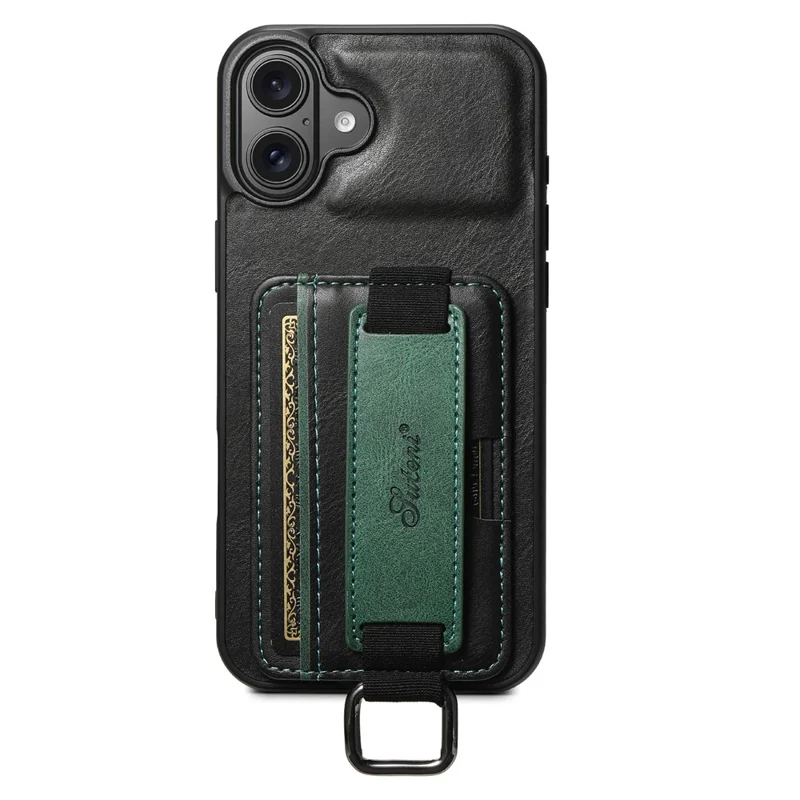 SUTENI H13 For iPhone 16 Plus Case Card Holder Wristband Waxy Texture Leather+TPU+PC Cover - Black