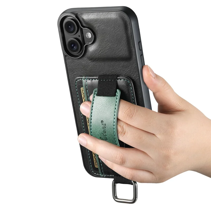 SUTENI H13 For iPhone 16 Plus Case Card Holder Wristband Waxy Texture Leather+TPU+PC Cover - Black