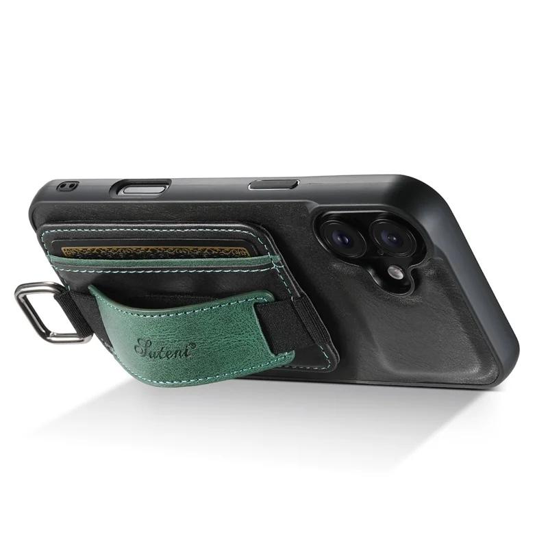 SUTENI H13 For iPhone 16 Plus Case Card Holder Wristband Waxy Texture Leather+TPU+PC Cover - Black