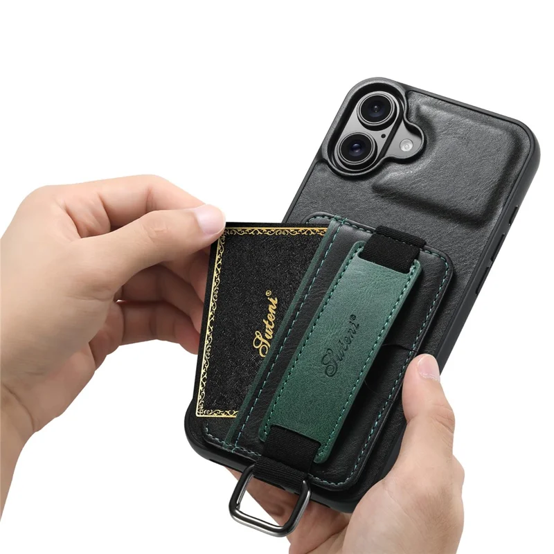 SUTENI H13 For iPhone 16 Plus Case Card Holder Wristband Waxy Texture Leather+TPU+PC Cover - Black