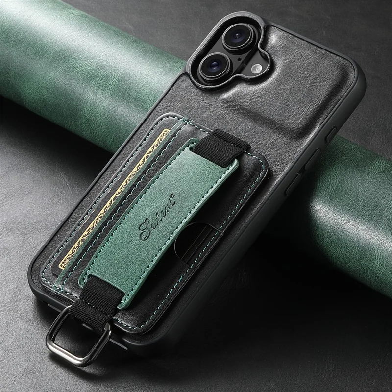 SUTENI H13 For iPhone 16 Plus Case Card Holder Wristband Waxy Texture Leather+TPU+PC Cover - Black
