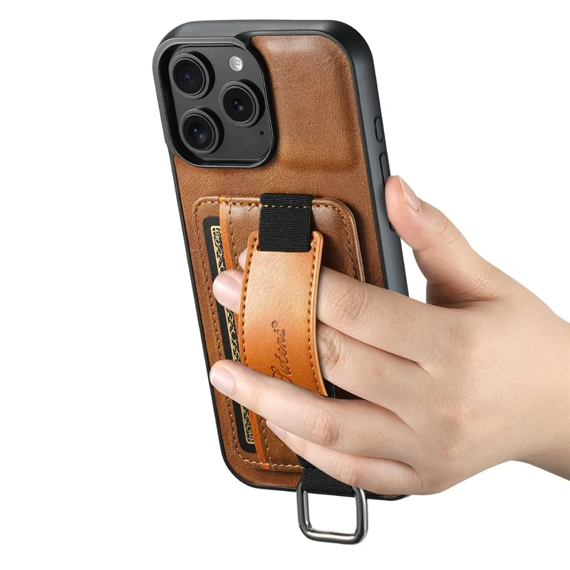 Suteni H13 Para Iphone 16 Pro Max Case Holder Wristband Textura Cera de Couro+tpu+pc Capa - Marrom