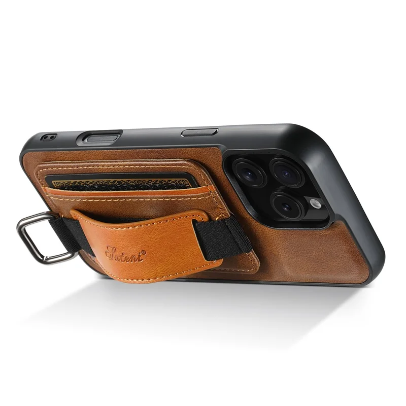 Suteni H13 Para Iphone 16 Pro Max Case Holder Wristband Textura Cera de Couro+tpu+pc Capa - Marrom