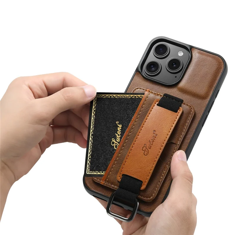 Suteni H13 Para Iphone 16 Pro Max Case Holder Wristband Textura Cera de Couro+tpu+pc Capa - Marrom