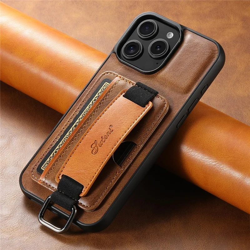Suteni H13 Para Iphone 16 Pro Max Case Holder Wristband Textura Cera de Couro+tpu+pc Capa - Marrom