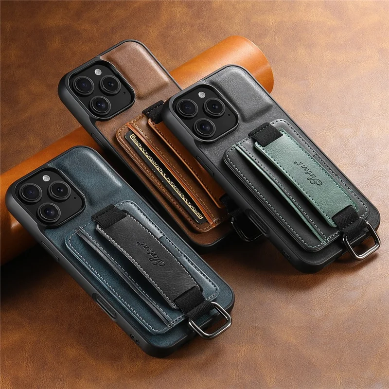 Suteni H13 Para Iphone 16 Pro Max Case Holder Wristband Textura Cera de Couro+tpu+pc Capa - Marrom