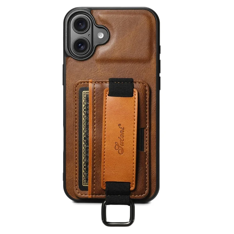 SUTENI H13 For iPhone 16 Case Card Holder Wristband Waxy Texture Leather+TPU+PC Cover - Brown