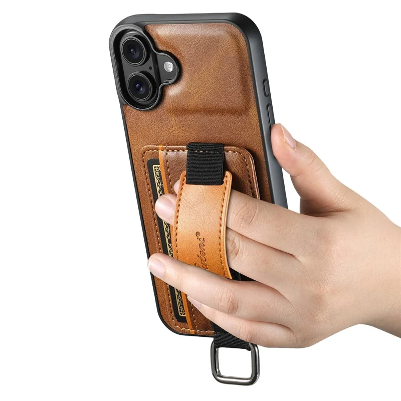 SUTENI H13 For iPhone 16 Case Card Holder Wristband Waxy Texture Leather+TPU+PC Cover - Brown