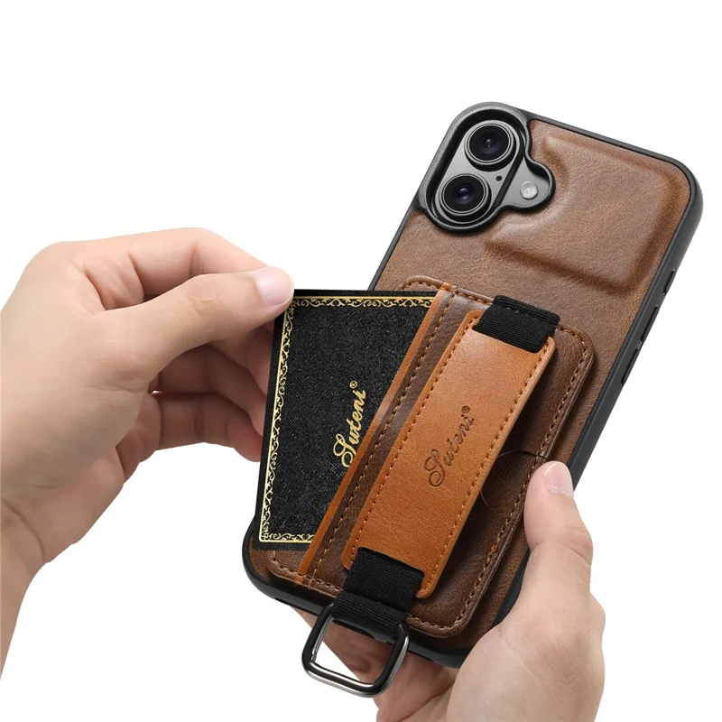 SUTENI H13 For iPhone 16 Case Card Holder Wristband Waxy Texture Leather+TPU+PC Cover - Brown