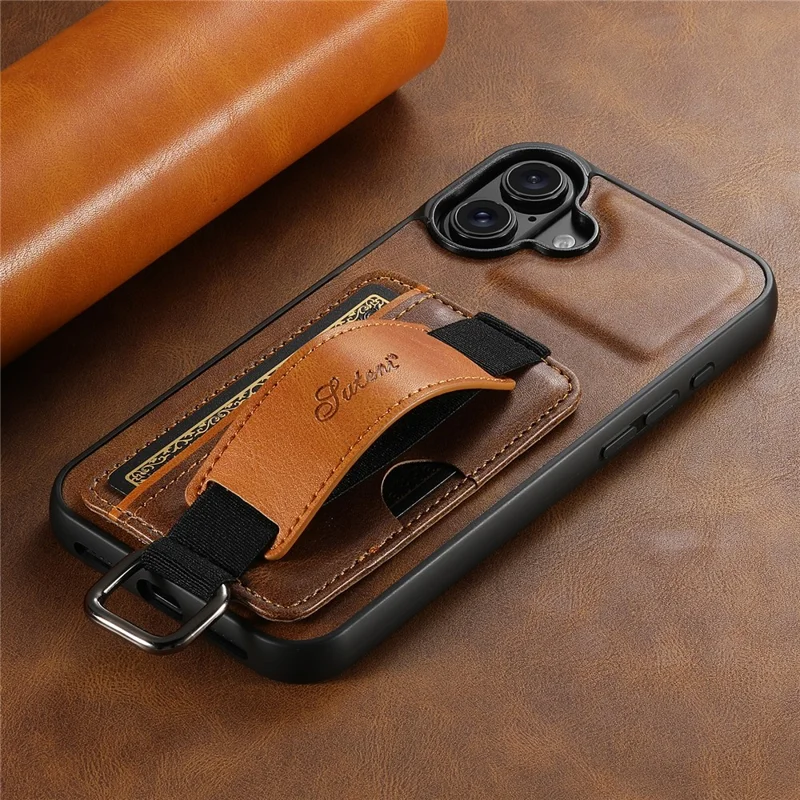SUTENI H13 For iPhone 16 Case Card Holder Wristband Waxy Texture Leather+TPU+PC Cover - Brown