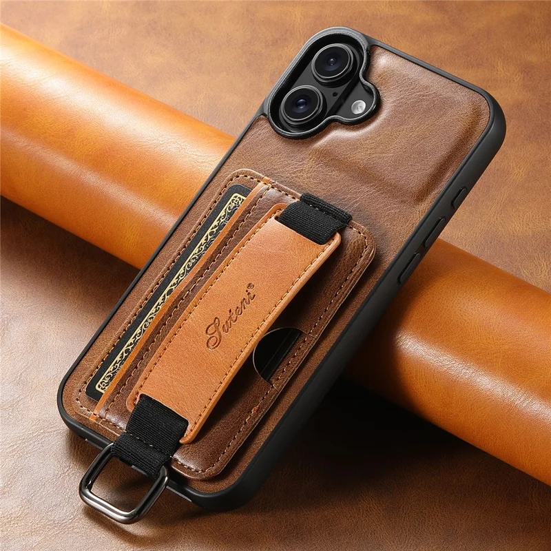 SUTENI H13 For iPhone 16 Case Card Holder Wristband Waxy Texture Leather+TPU+PC Cover - Brown