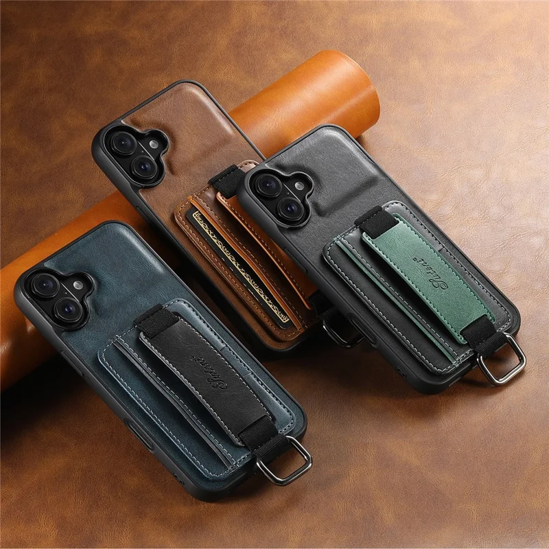 SUTENI H13 For iPhone 16 Case Card Holder Wristband Waxy Texture Leather+TPU+PC Cover - Brown