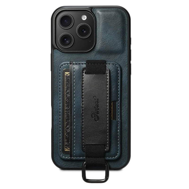 SUTENI H13 For iPhone 16 Pro Case Card Holder Wristband Waxy Texture Leather+TPU+PC Cover - Black