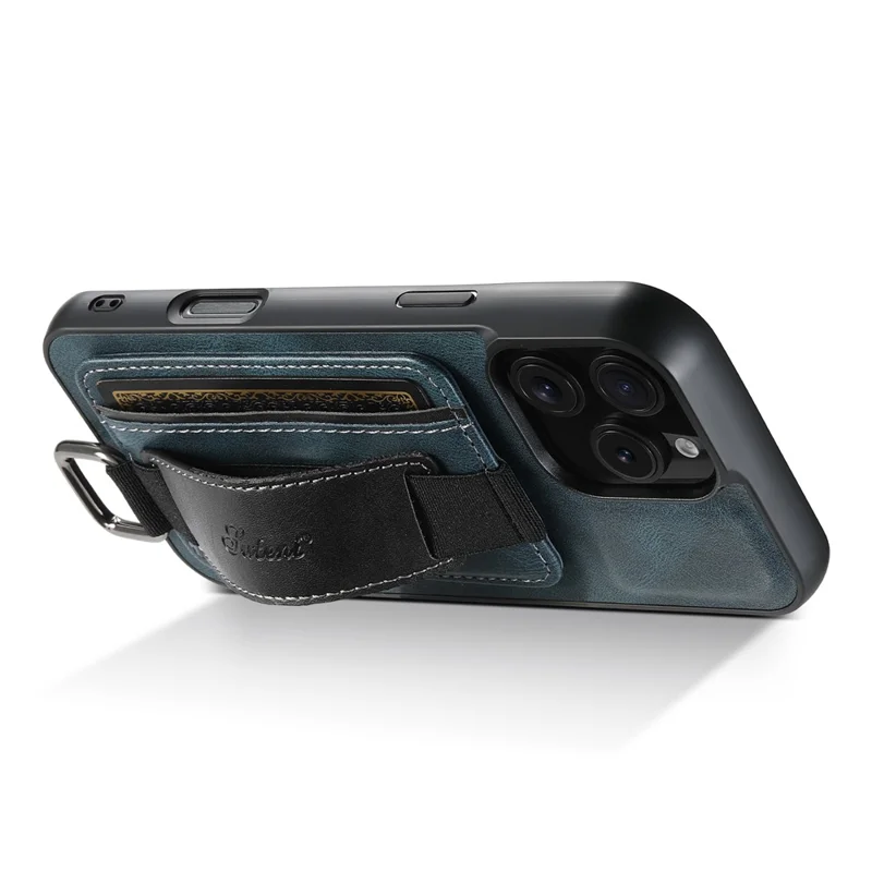 SUTENI H13 For iPhone 16 Pro Case Card Holder Wristband Waxy Texture Leather+TPU+PC Cover - Black