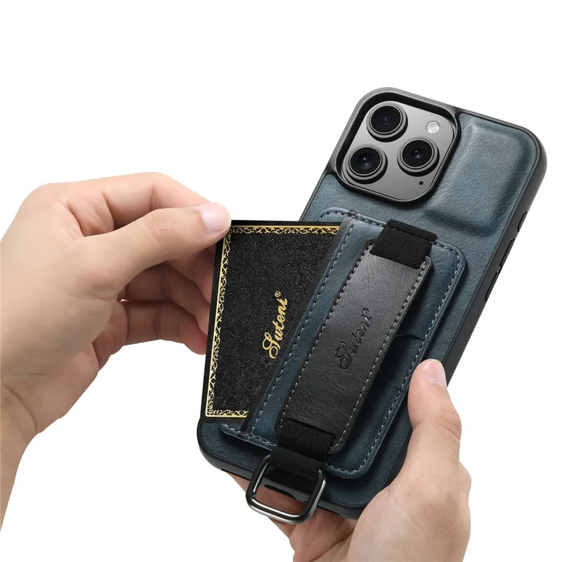 SUTENI H13 For iPhone 16 Pro Case Card Holder Wristband Waxy Texture Leather+TPU+PC Cover - Black