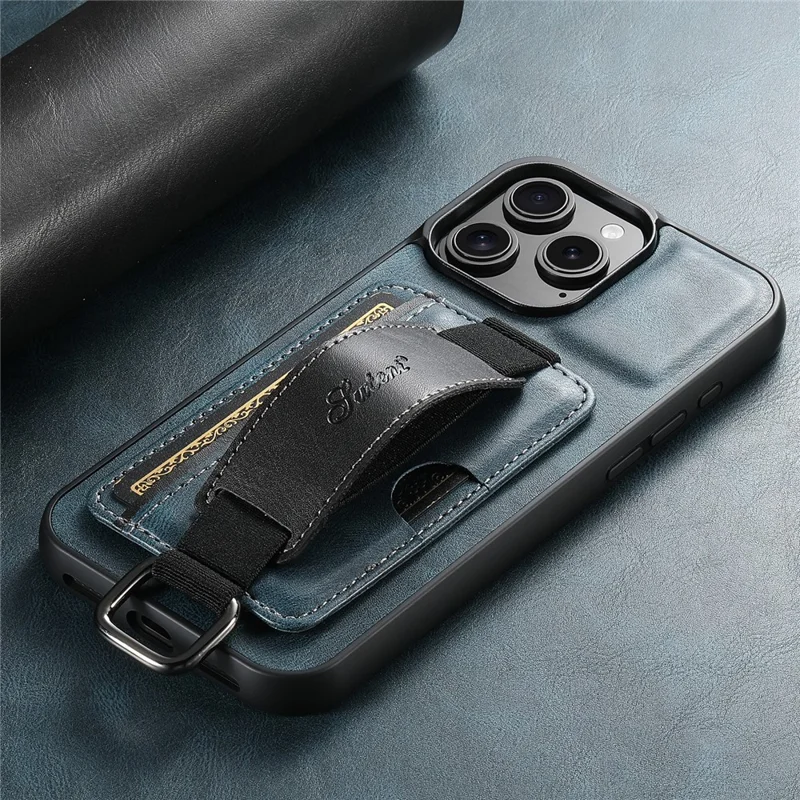 SUTENI H13 For iPhone 16 Pro Case Card Holder Wristband Waxy Texture Leather+TPU+PC Cover - Black