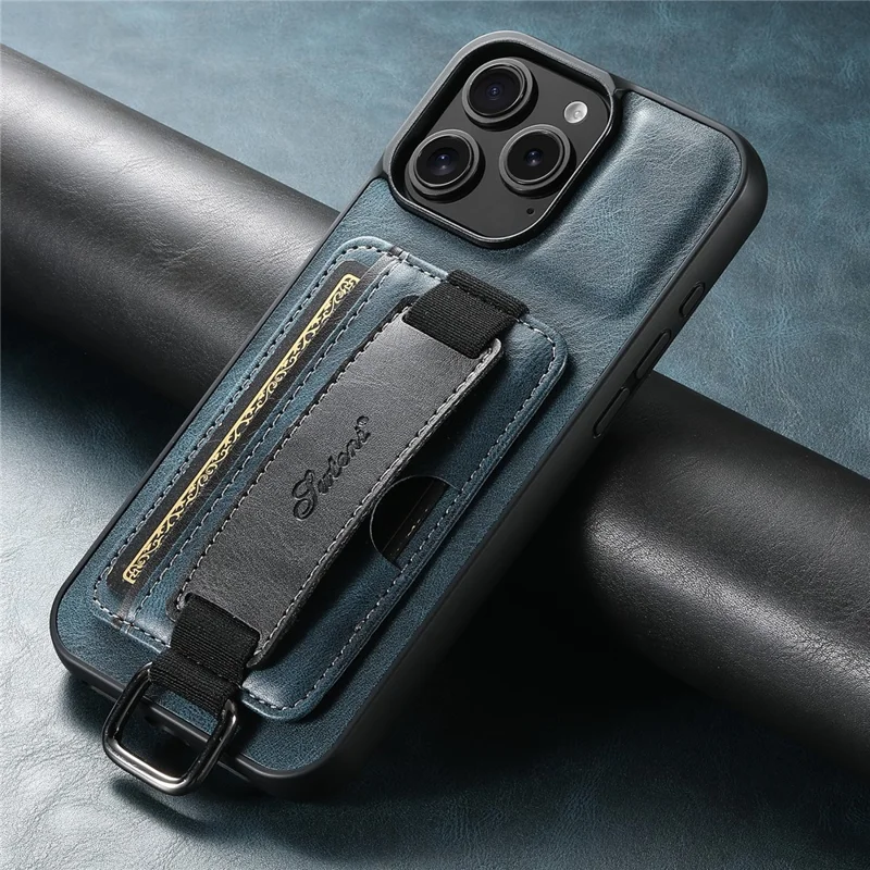 SUTENI H13 For iPhone 16 Pro Case Card Holder Wristband Waxy Texture Leather+TPU+PC Cover - Black