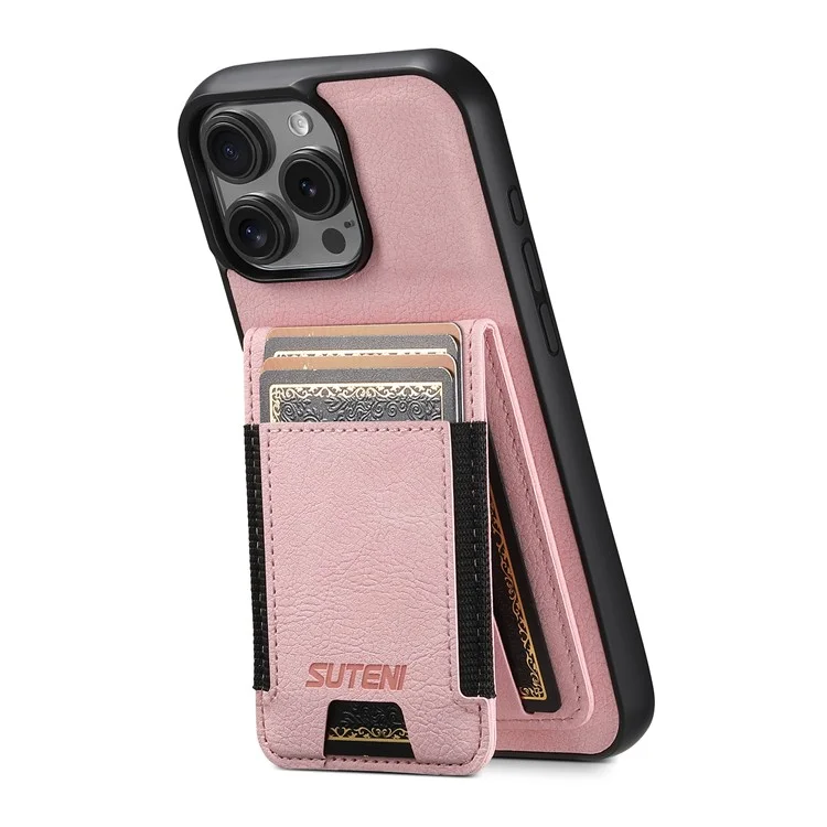 Suteni H03 Para Iphone 16 Pro Case Holder Kickstand Litchi Texture Leather+TPU Telefone Tampa - Rosa