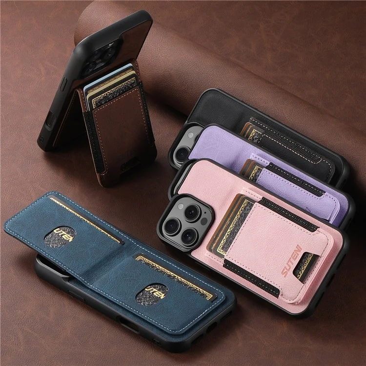 Suteni H03 Para Iphone 16 Pro Case Holder Kickstand Litchi Texture Leather+TPU Telefone Tampa - Rosa