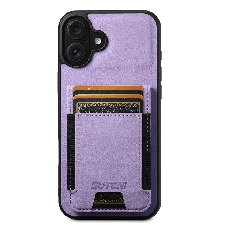 Suteni H03 Para Iphone 16 Plus Caso Holder Kickstand Litchi Texture Leather+TPU Telefone Tampa - Roxo