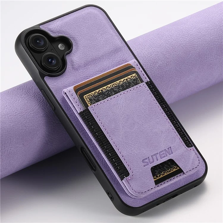 Suteni H03 Para Iphone 16 Plus Caso Holder Kickstand Litchi Texture Leather+TPU Telefone Tampa - Roxo