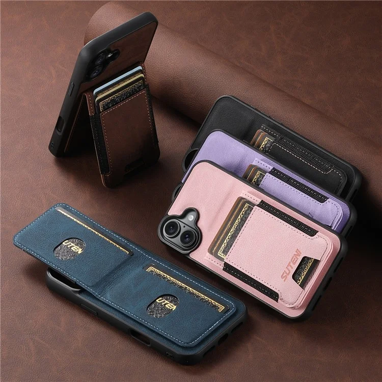 Suteni H03 Para Iphone 16 Plus Caso Holder Kickstand Litchi Texture Leather+TPU Telefone Tampa - Roxo