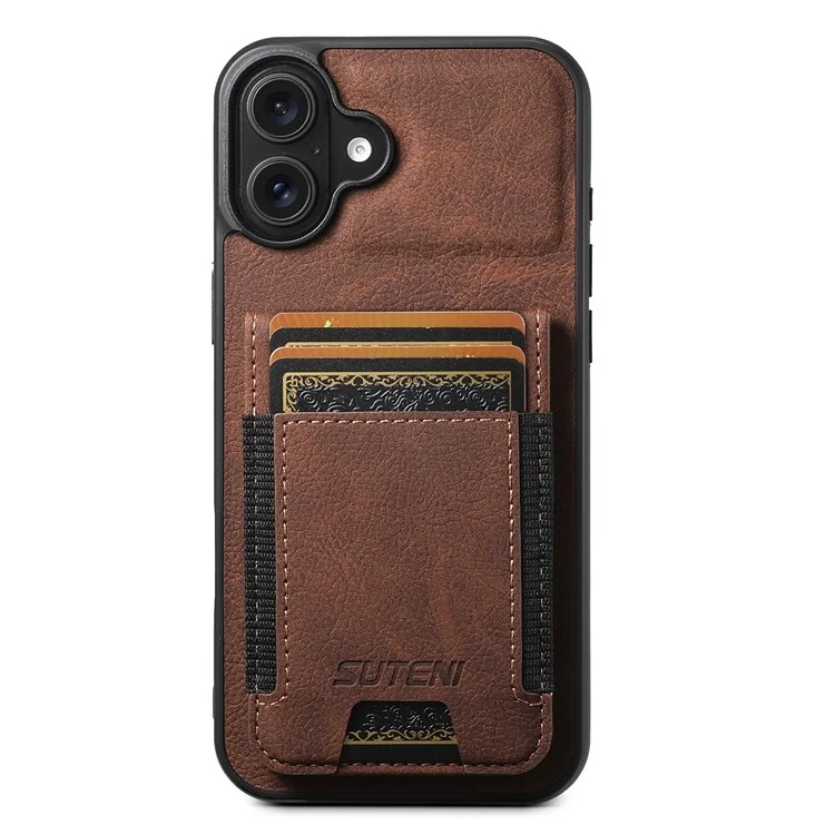 Suteni H03 Per Iphone 16 Case Case Holder Kickstand Incelta di Texture Litchi+copertina Telefonica Tpu - Marrone