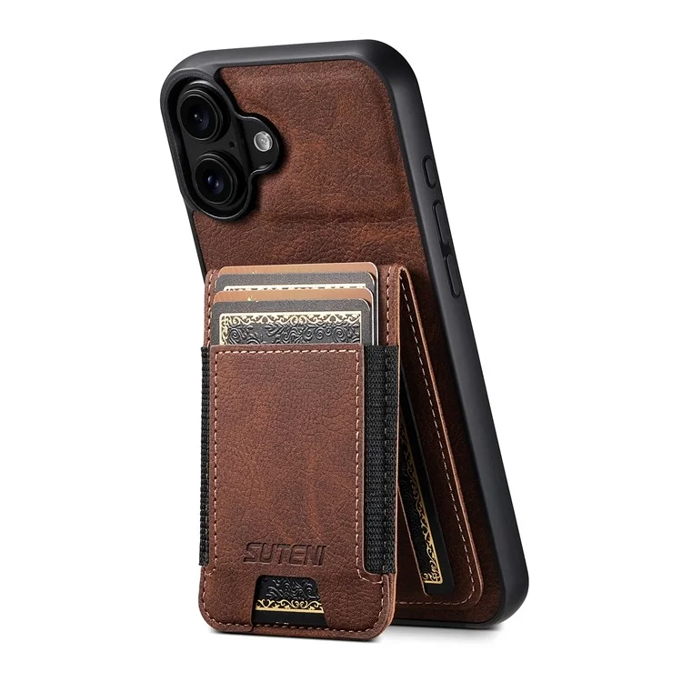 Suteni H03 Per Iphone 16 Case Case Holder Kickstand Incelta di Texture Litchi+copertina Telefonica Tpu - Marrone