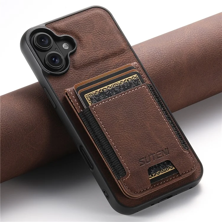 Suteni H03 Per Iphone 16 Case Case Holder Kickstand Incelta di Texture Litchi+copertina Telefonica Tpu - Marrone