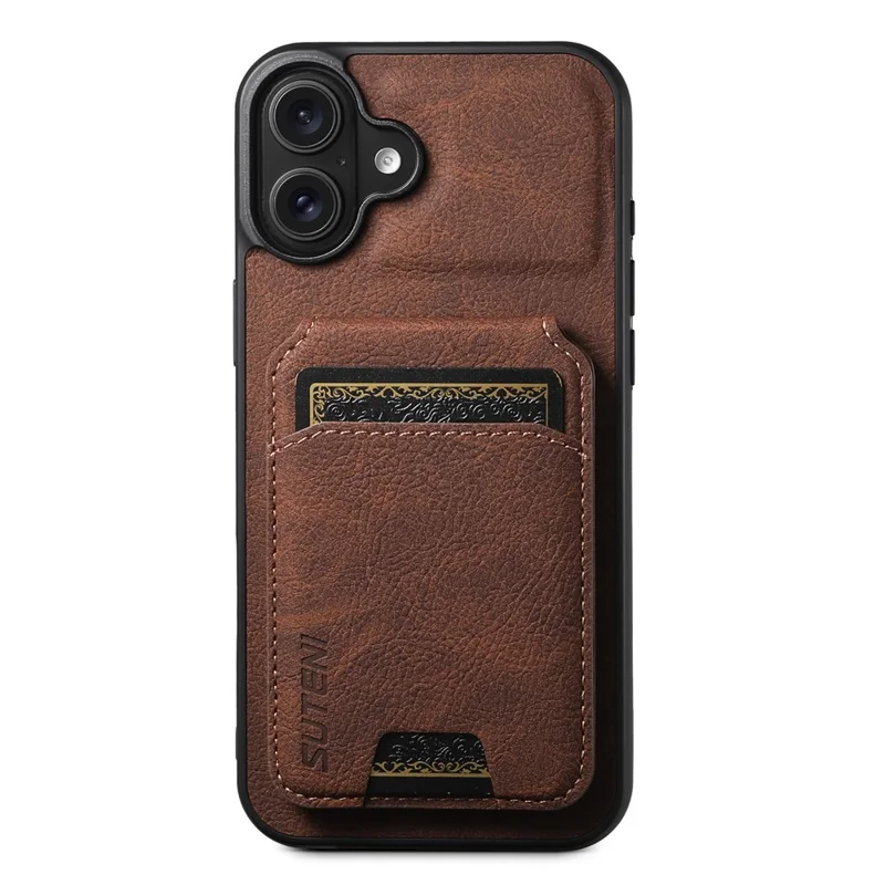 SUTENI H02 For iPhone 16 Case Card Slots Kickstand Litchi Texture Leather+TPU Cover - Brown