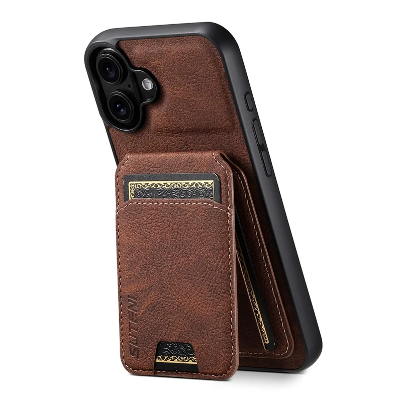 SUTENI H02 For iPhone 16 Case Card Slots Kickstand Litchi Texture Leather+TPU Cover - Brown