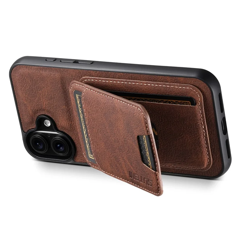 SUTENI H02 For iPhone 16 Case Card Slots Kickstand Litchi Texture Leather+TPU Cover - Brown