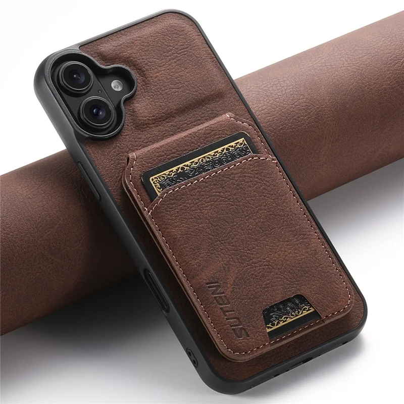 SUTENI H02 For iPhone 16 Case Card Slots Kickstand Litchi Texture Leather+TPU Cover - Brown