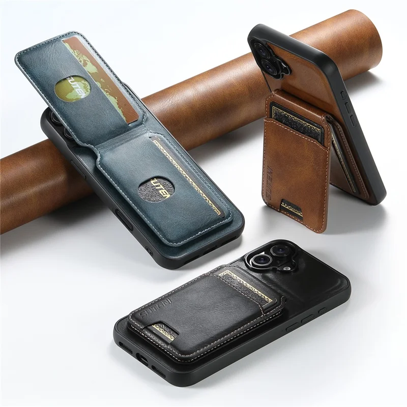 SUTENI H02 til iPhone 16 hylster med voksagtig struktur, læder + TPU med kortfåner og støtteben - Brun