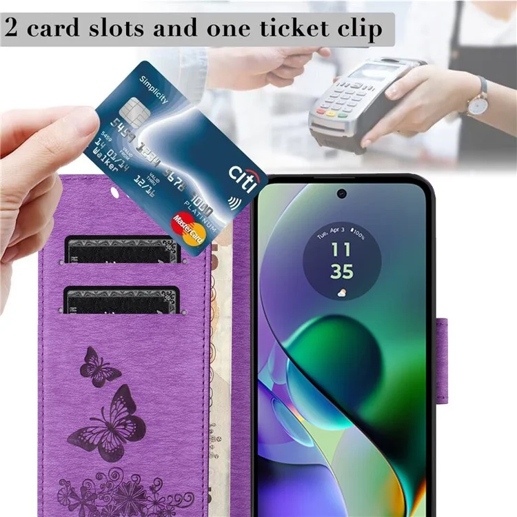 Для Motorola Moto G35 5G Case Butterflies Flower Leather Wallet Крышка Телефона - Фиолетовый