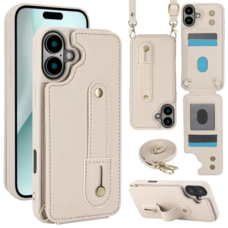 For iPhone 16 Case Kickstand Card Slots Leather Coated TPU Cover with Shoulder Strap - Beige