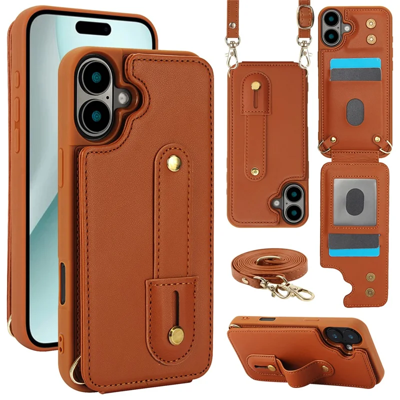 For iPhone 16 Case Kickstand Card Slots Leather Coated TPU Cover with Shoulder Strap - Brown