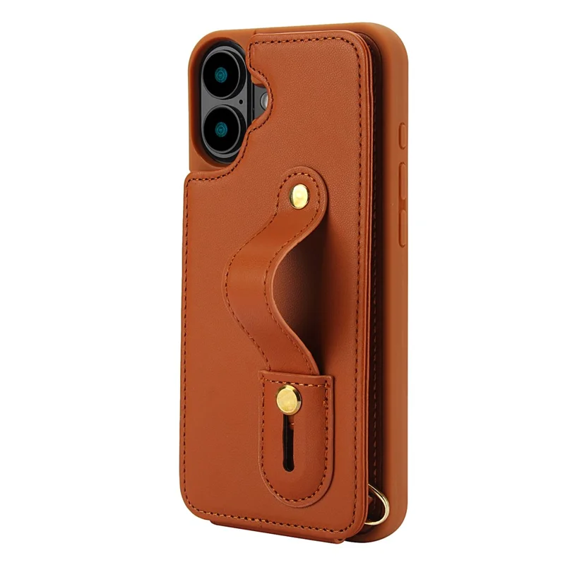 For iPhone 16 Case Kickstand Card Slots Leather Coated TPU Cover with Shoulder Strap - Brown