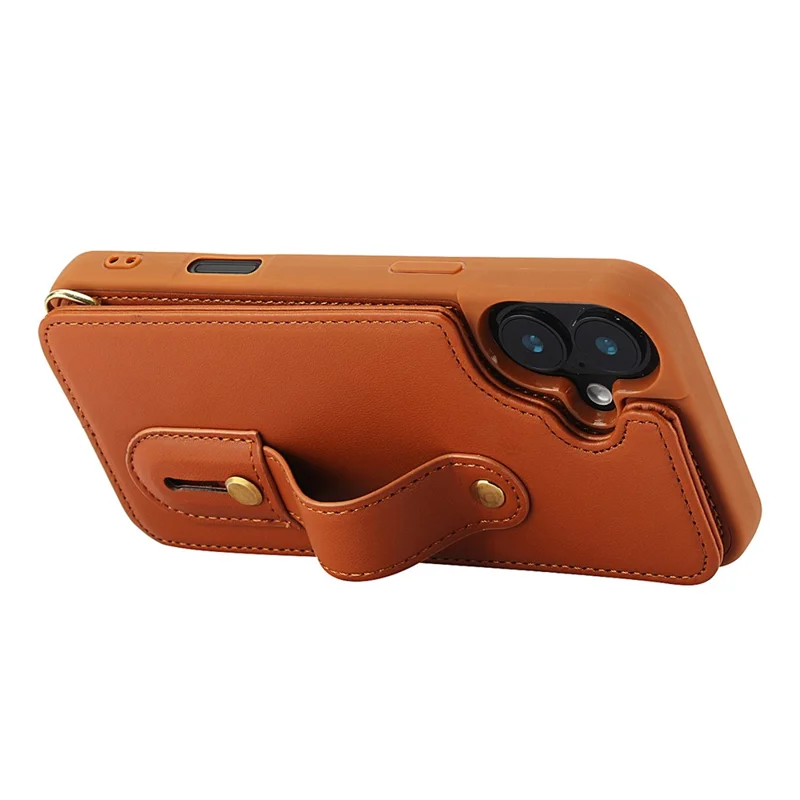 For iPhone 16 Case Kickstand Card Slots Leather Coated TPU Cover with Shoulder Strap - Brown