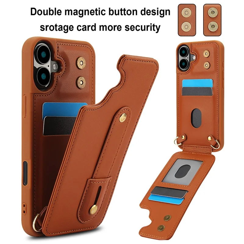 For iPhone 16 Case Kickstand Card Slots Leather Coated TPU Cover with Shoulder Strap - Brown