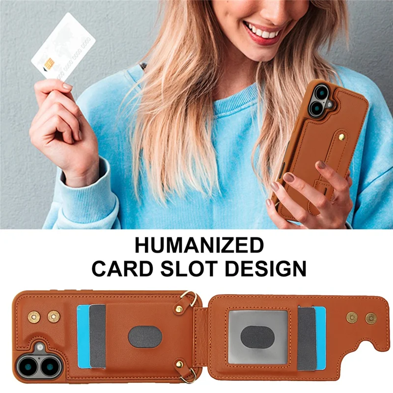 For iPhone 16 Case Kickstand Card Slots Leather Coated TPU Cover with Shoulder Strap - Brown