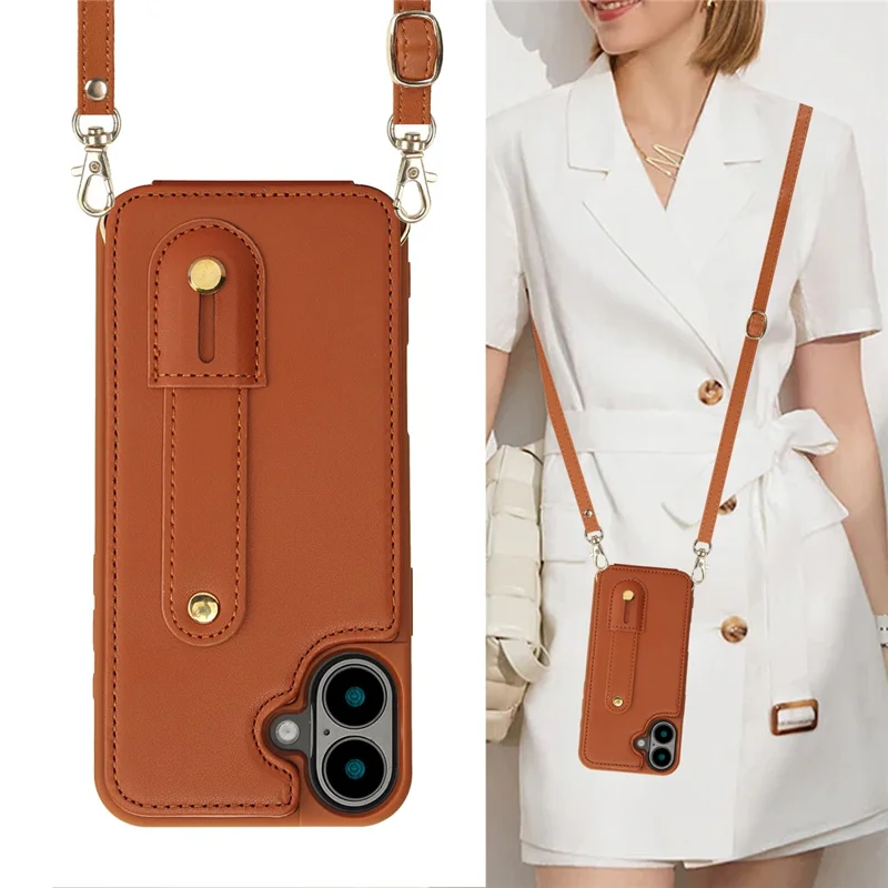 For iPhone 16 Case Kickstand Card Slots Leather Coated TPU Cover with Shoulder Strap - Brown