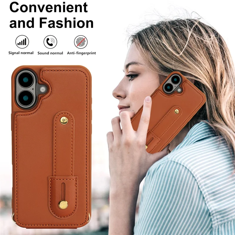 For iPhone 16 Case Kickstand Card Slots Leather Coated TPU Cover with Shoulder Strap - Brown